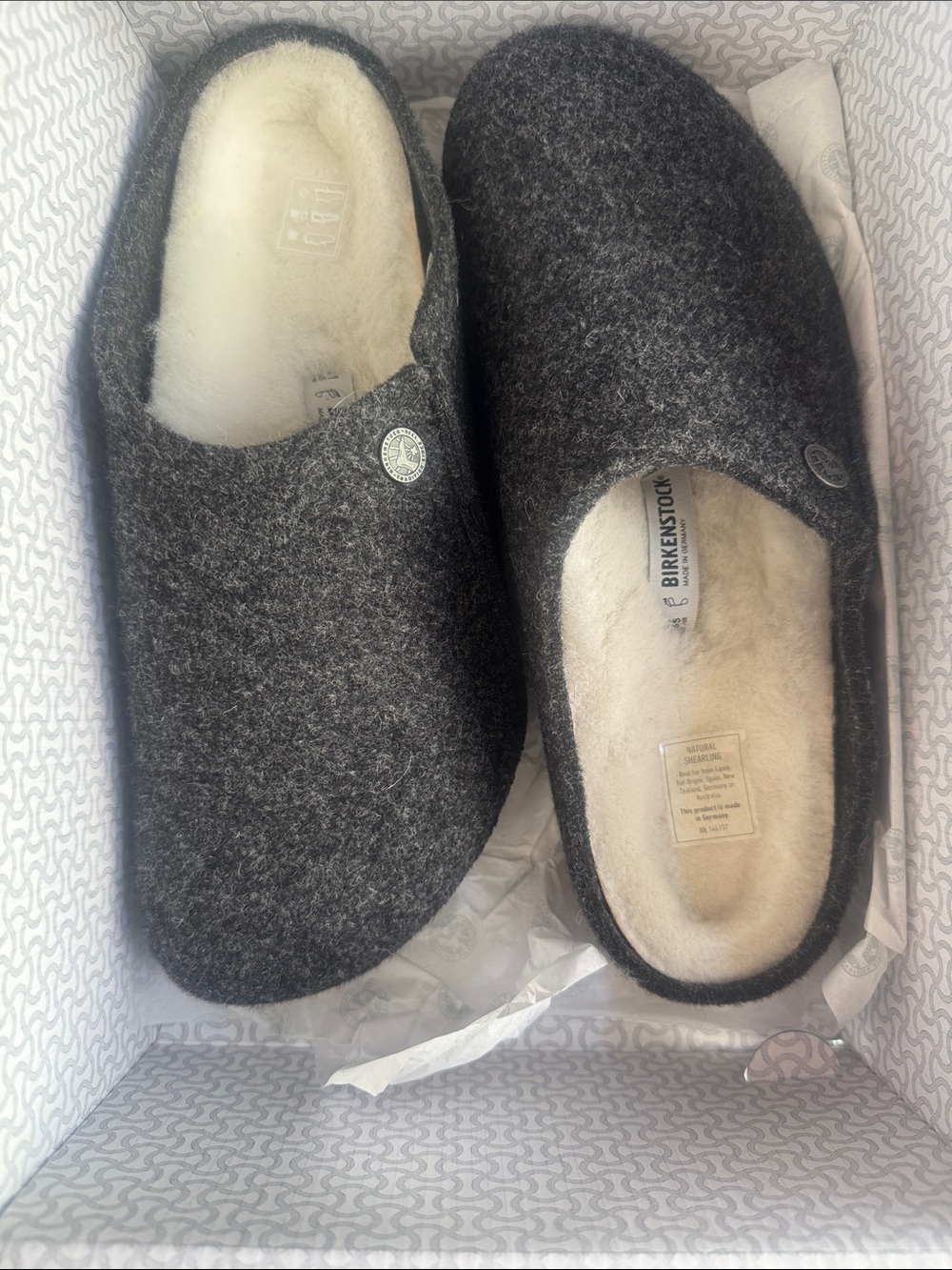 Birkenstock Zermatt Rivet Charcoal Felt Clogs with Cream Shearling Lining